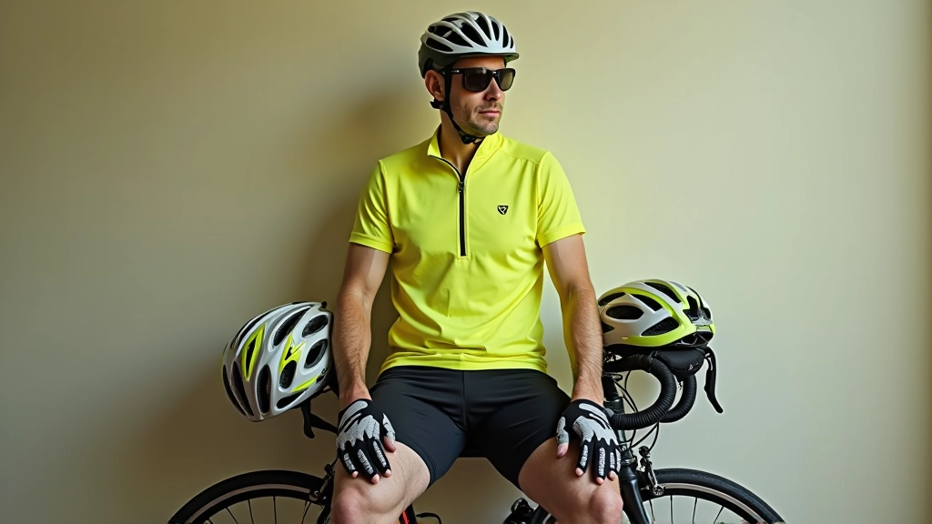 Kompletny strój rowerowy na krześle — kask, rękawice, koszulka oddychająca, spodenki, okulary i żółty bezpieczny kamizelka