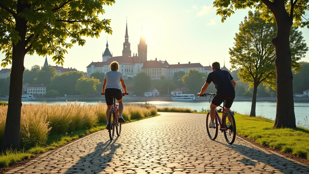 Widok na Wawel z brzegu Wisły, brukowana ścieżka rowerowa wzdłuż rzeki z zielenią po bokach