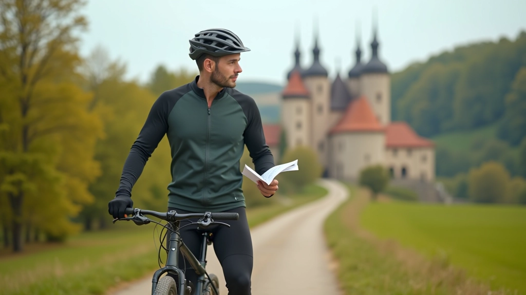 Rowerzysta w czarnym kasku i sportowych ubraniach stoi obok roweru w terenie, trzymając mapę szlaku, z zamkiem widocznym w tle