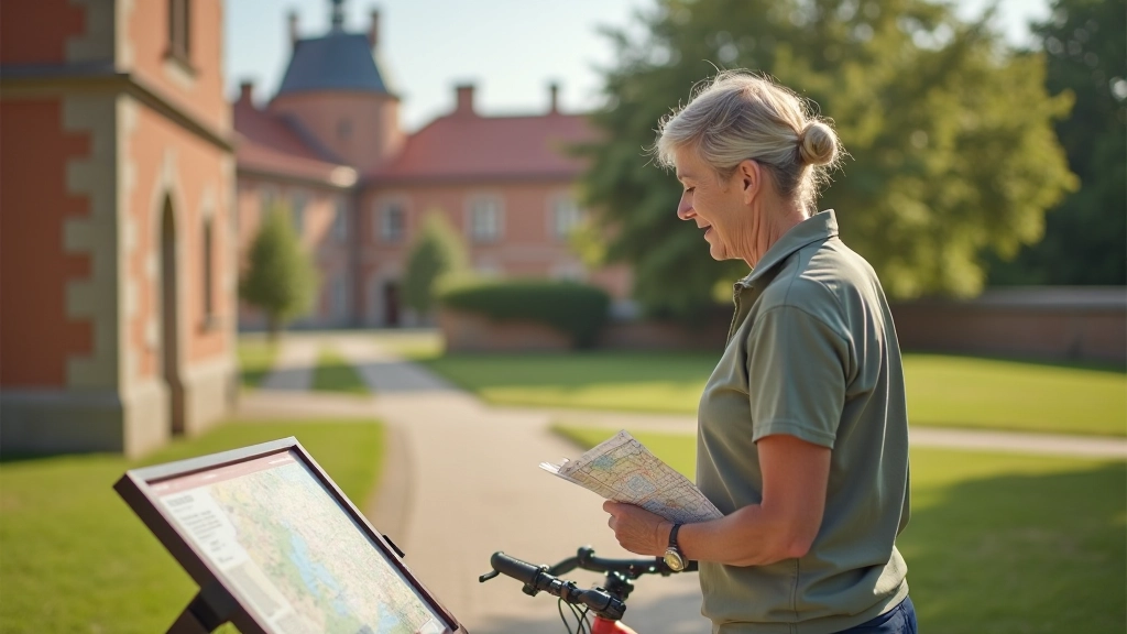 Seniorka na rowerze z mapą na kierownicy, patrząca na tablicę informacyjną przy zabytkowym budynku