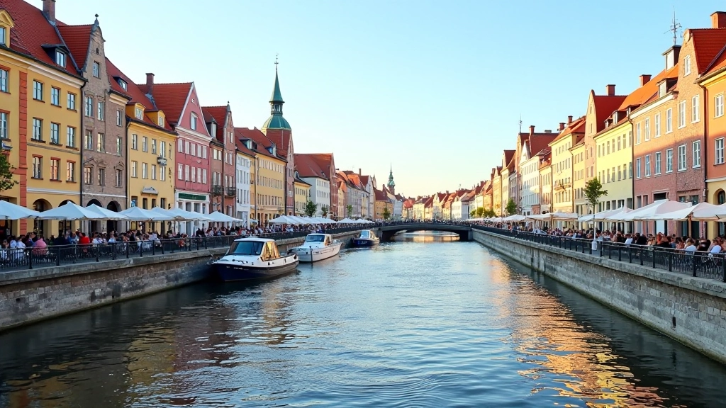 Kolorowe kamienice nad Motławą w Gdańsku, łodzie cumujące przy nabrzeżu, ścieżka rowerowa wzdłuż kanału