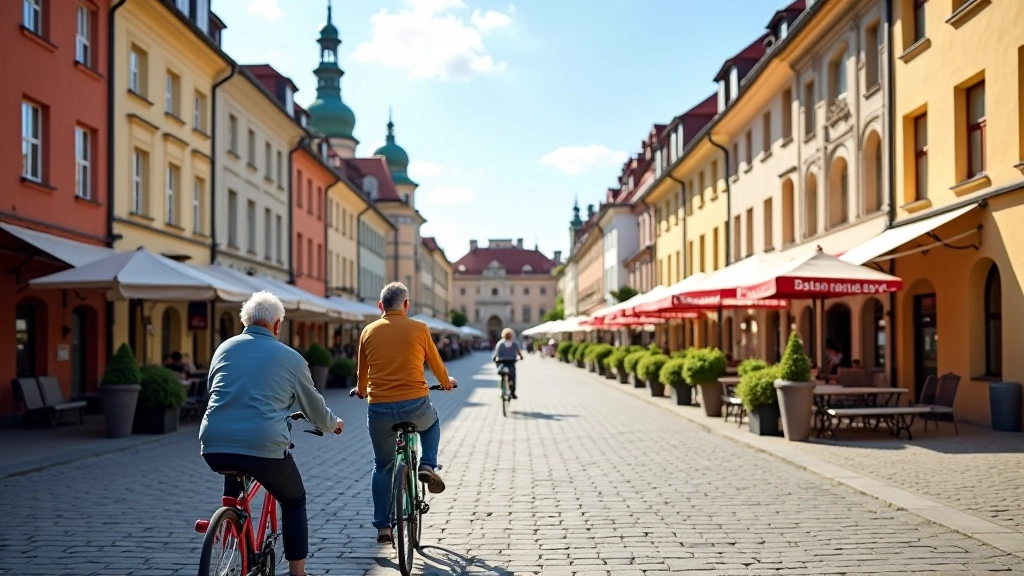 Rynek Starego Miasta w Warszawie z odbudowanymi kamienicami, ulica brukowana z czystą ścieżką dla rowerów
