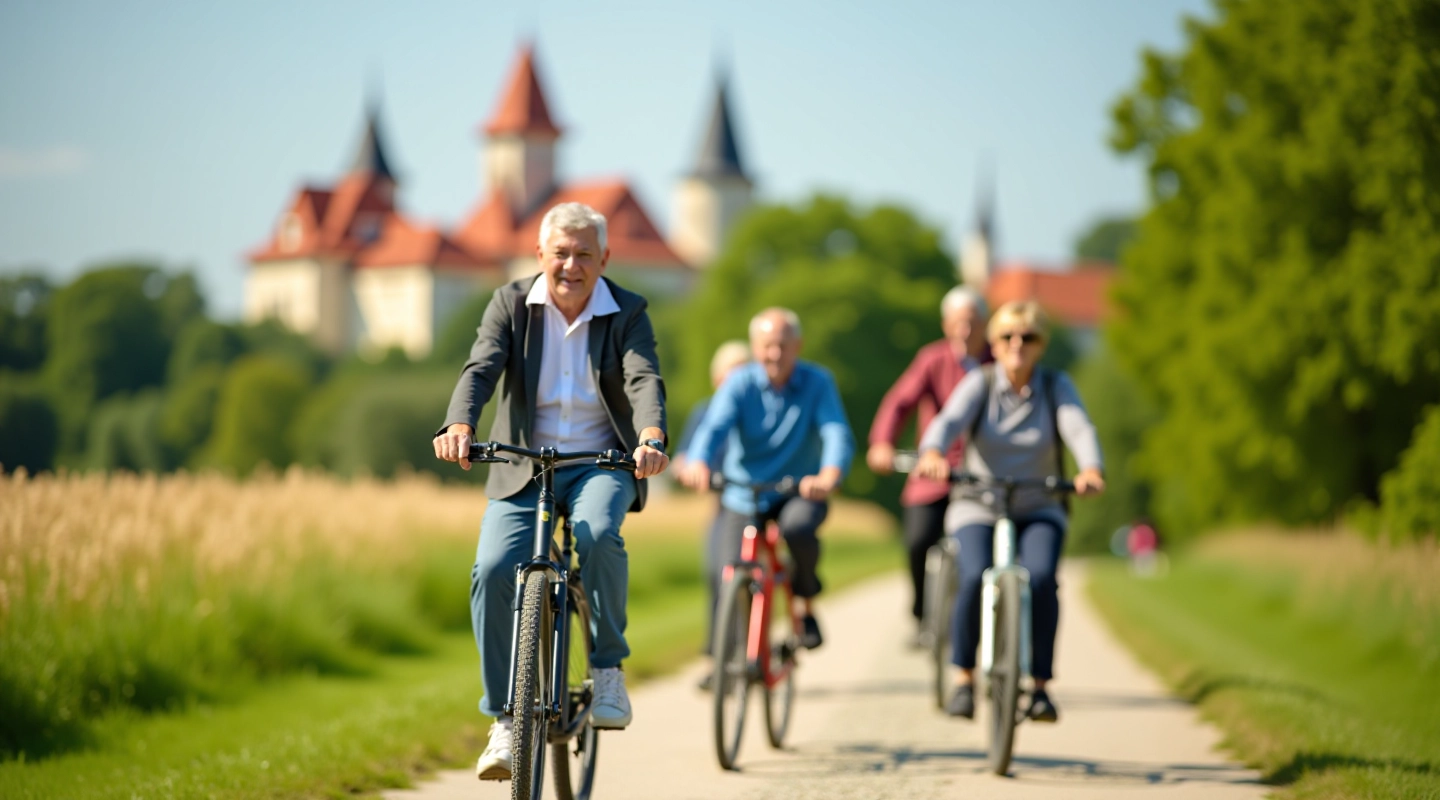 Seniorzy na rowerach na historycznym szlaku w Polsce