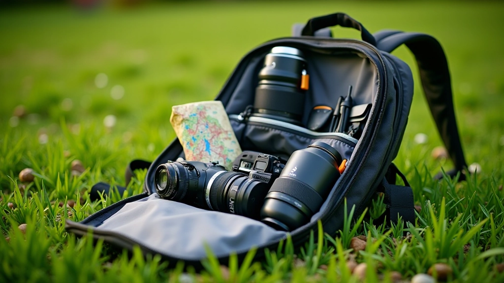 Otwarty plecak turystyczny z właściwie ułożonym osprzętem rowerowym, mapą, bidonem i aparat fotograficzny na trawie