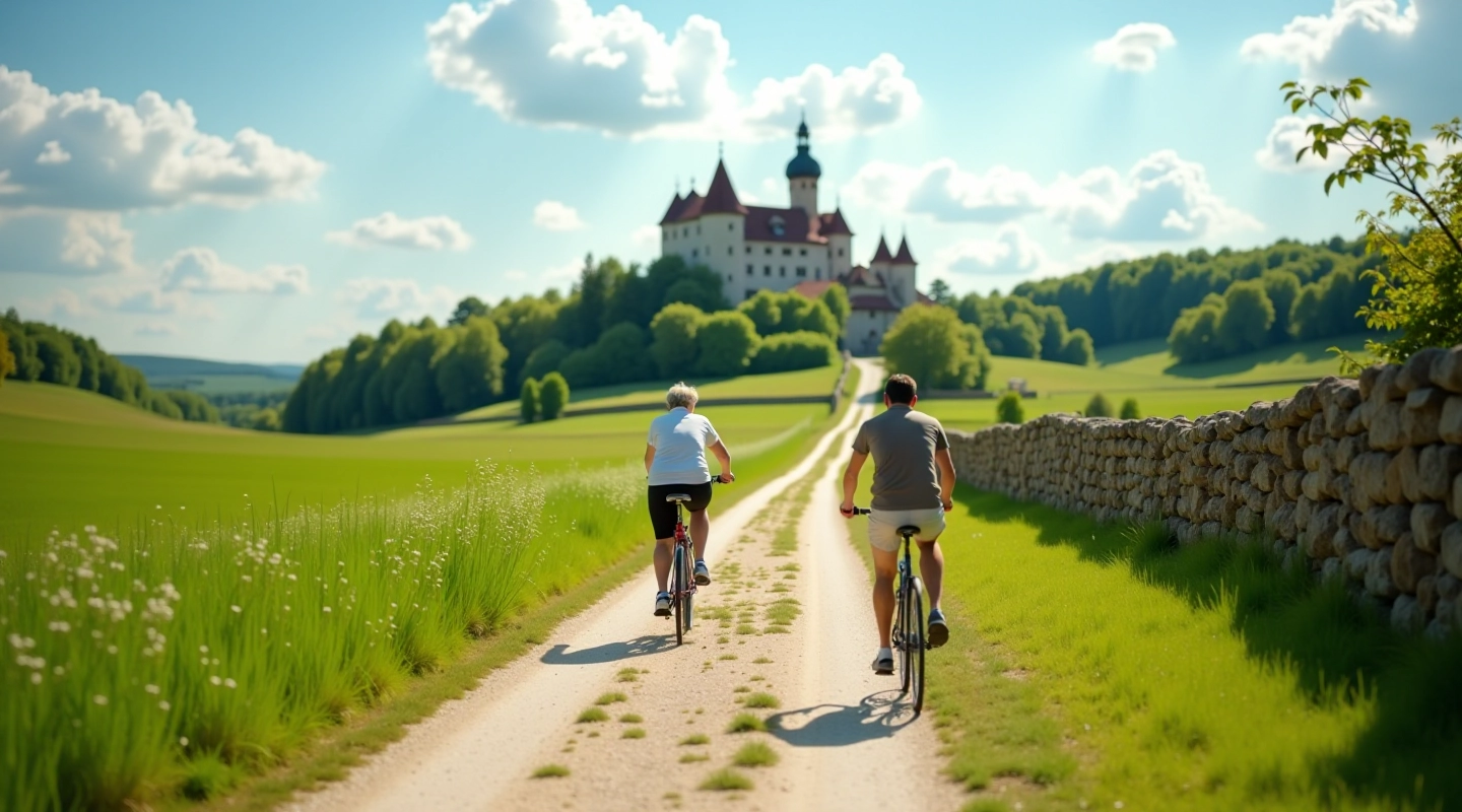 Zamkowa ścieżka rowerowa wśród zielonych łąk i zabytkowych murów zamkowych w słoneczny dzień