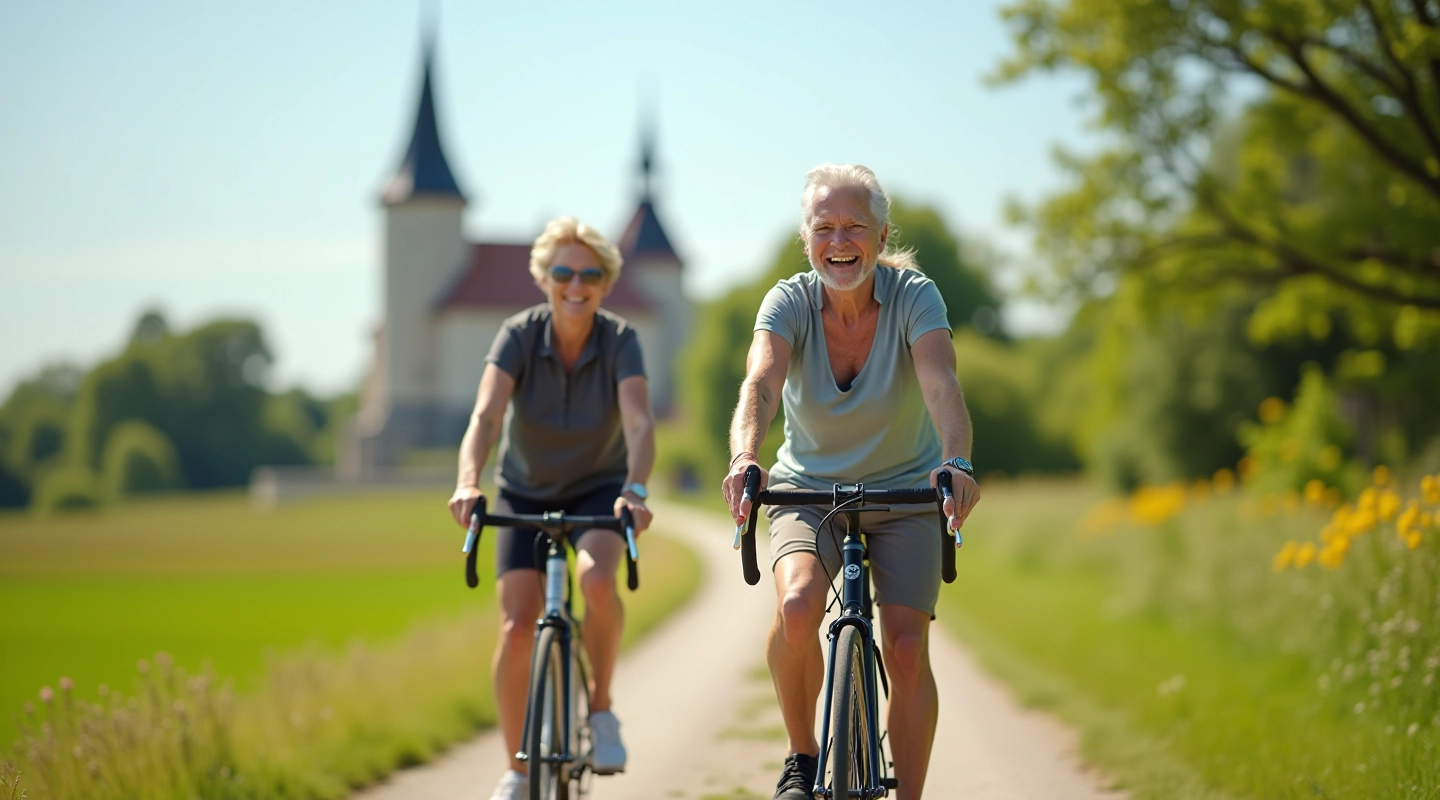 Seniorzy na rowerach w pięknym krajobrazie obok zamku historycznego, słoneczny dzień, naturalne oświetlenie, ostry obraz